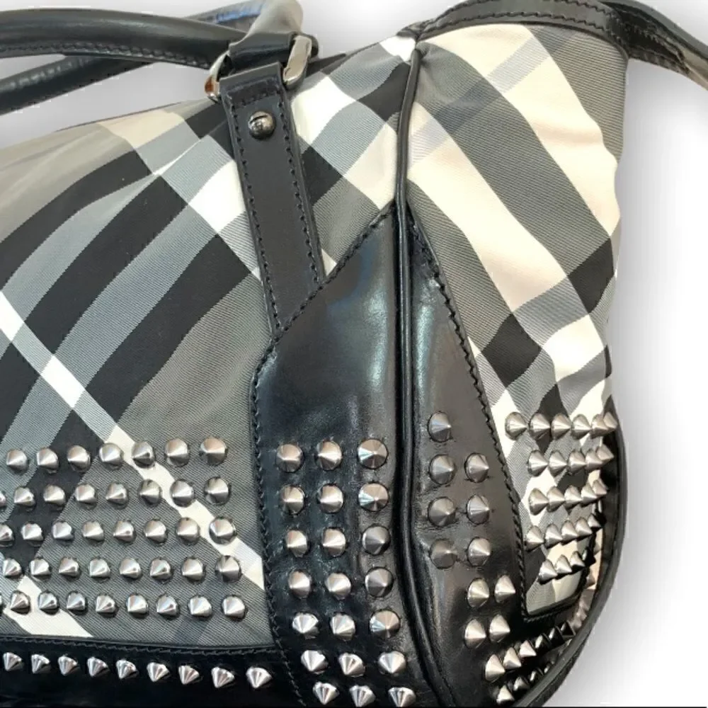 BURBERRY Nylon Beat Check Studded Medium Edenham Satchel Black
